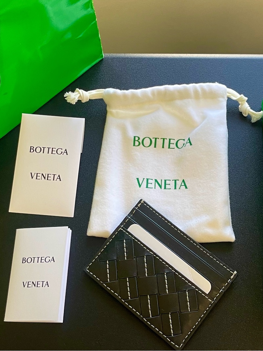 Bottega Veneta Black Intrecciato Leather Card Case with White Stitching